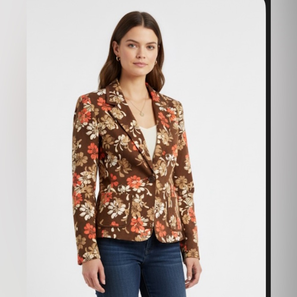 Vintage Casual Corner Brown Stretch Floral Blazer Size 12